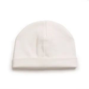 High-quality close-up detail of soft white cotton knit baby beanie with fold-over brim