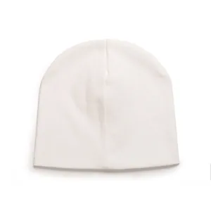 Soft white knitted cotton baby beanie hat for infants and newborns detailed view