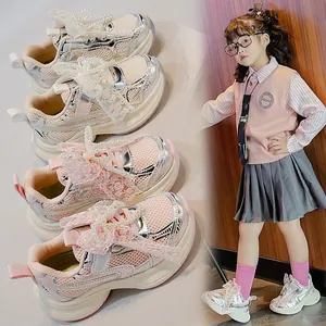 2025 Spring Girls Daddy Shoes Toddler Kids Sports Shoes Breathable Mesh Sneakers With Elegant Artificial Pearl Lace Bow Decor