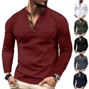 Men's waffle knit long sleeve henley shirt with contrast pattern trim and button collar