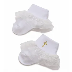 White baby girl lace ruffle socks with gold cross embroidery for 0-1 year infants