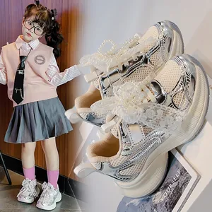 Girls' silver breathable mesh sneakers with pearl and lace detailing for 2025