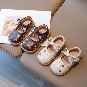 Toddler Baby Girls Princess Style Embroidered Mary Jane Shoes Soft Sole Flower Bow Flat Loafers For Spring Autumn Casual Party