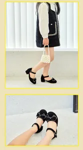 Detalle de zapatos de vestir negros para niña con lazo de diamantes de imitación.