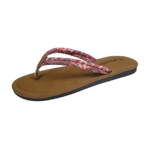 Chanclas de playa de moda para mujer con tiras estampadas y plantilla marrón verano