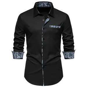 Front view of black men's long sleeve shirt featuring paisley pattern details on collar