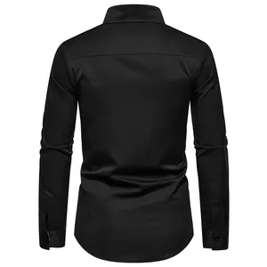 Detailed back view of a classic black long sleeve men's casual shirt with neat seams