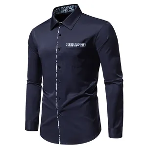 Detailed view of navy blue long-sleeved casual shirt with intricate paisley trim accents