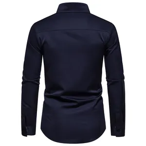 Back view of navy blue long-sleeved dress shirt with clean seams and classic collar