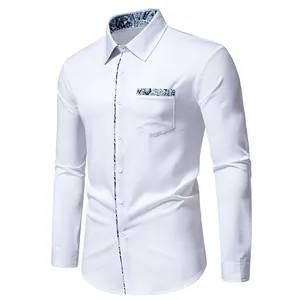 Modern white long-sleeved shirt with elegant blue paisley patchwork on collar and pocket
