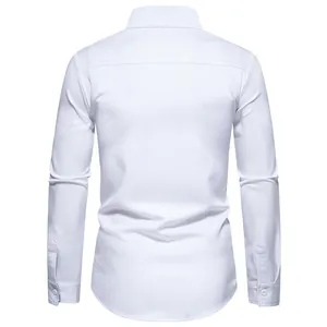 Professional back view of men's premium slim fit white long sleeve dress shirt with curved hem