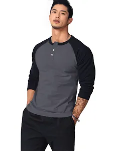 Professional slim fit men's raglan long sleeve henley t-shirt with charcoal grey body