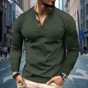 Men's olive green waffle knit long sleeve henley shirt featuring a stand collar.