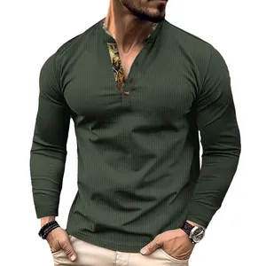 Close-up of men's waffle knit long sleeve polo shirt with patterned stand collar placket