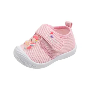 Pink cartoon infant walker shoes with soft corduroy upper and anti-kick rubber toe