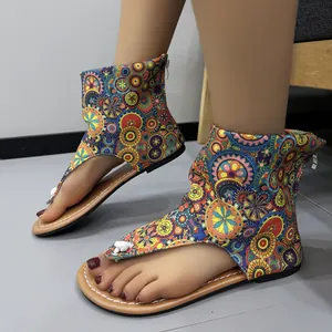 Women Ethnic Bohemian Mandala Printed Flat Thong Sandals Boots Colorful Geometric Pattern Ankle Boots With Back Zipper