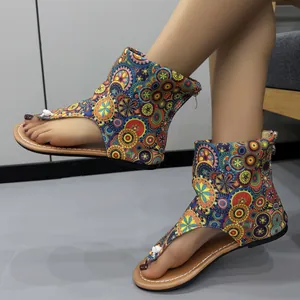 Ethnic style floral print flat thong sandals with colorful bohemian mandala patterns