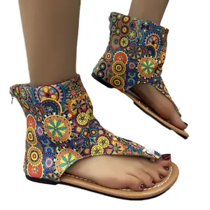 Bohemian ethnic style flat gladiator thong sandals with vibrant mandala prints