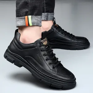 Men's Casual Split Cow Leather Shoes British Style Soft Sole Heightened Sneakers Lace-up Trendy All-match Fashion Footwear For Office Daily Walking