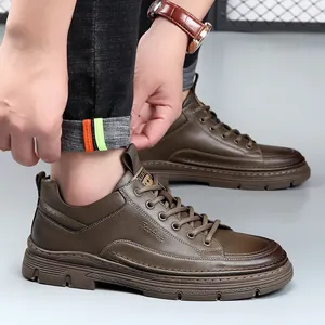 Men's brown leather sneakers in British casual style with soft sole for daily wear