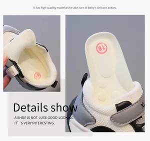 Close-up of soft breathable mesh insole and interior of baby walking sneakers