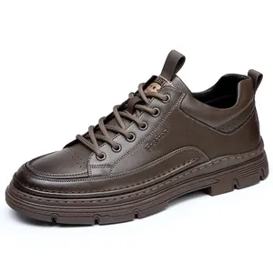 Premium brown leather men's casual sneakers with soft sole and height increasing design