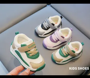 Detail view showing four color variations of soft-soled mesh sneakers for baby toddlers