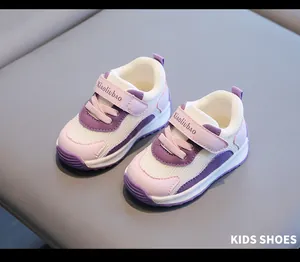 Close-up of breathable mesh purple and pink toddler walking shoes for boys and girls