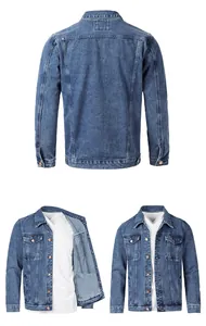 Detailed views of men's washed denim jacket showing front, back, and inner pocket