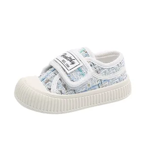 Chaussures de marche en toile de tweed pour petites filles avec bride velcro bleu ciel