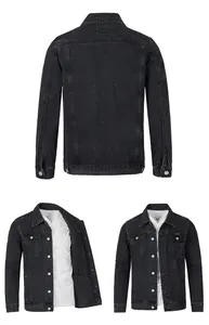 Detail views of a vintage washed charcoal grey men's denim jacket with flap pockets.