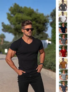 Ανδρικό Αθλητικό Ριμπ T-Shirt με V-Λαιμόκοψη Casual Στενή Εφαρμογή Κοντομάνικο Top Γρήγορο Στέγνωμα Αναπνεύσιμο Μονόχρωμο Gym Fitness Tee