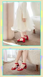 Dettaglio di eleganti sandali rossi per bambina con fiocchi di strass brillanti