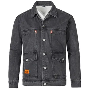 Men's vintage washed charcoal denim jacket with multiple pockets and classic collar