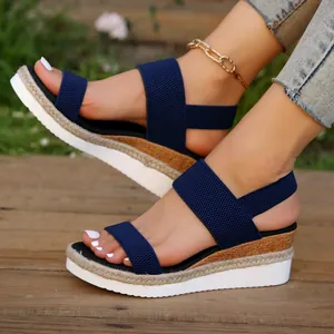 Marineblauwe sleehak sandalen voor dames met elastische bandjes en espadrille zool
