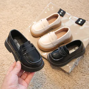 Mocassins en cuir élégants pour enfants de style britannique, noir et blanc, bout rond