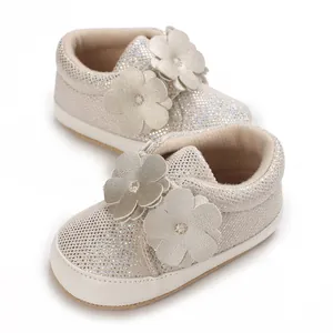 Chaussures pailletées pour bébés filles de 0 à 1 an avec doubles fleurs appliquées