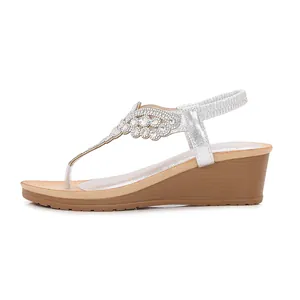 Bohemian silver wedge sandals with rhinestone t-strap and elastic back for women