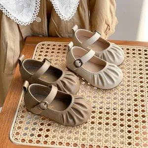 Chaussures Mary Jane Princesse en Cuir Microfibre pour Filles Plissées Semelle Souple Ballerines Bébé Rétro Mode Printemps 2024