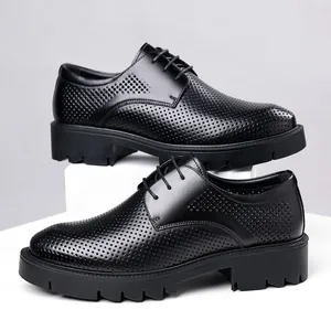 Men's black perforated 10cm elevator shoes with thick platform soles for business