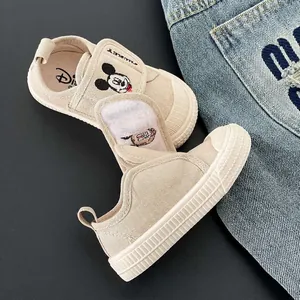 Scarpe neonato in tela beige traspiranti e comode con ricamo originale Mickey Mouse