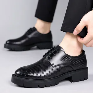 Men's black platform leather shoes with breathable hollow-out design and lace-up style