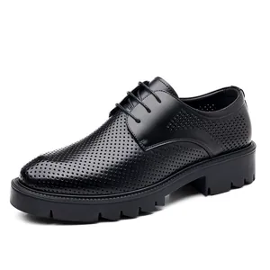 Men's black elevator business shoes with 10cm height increase and hollow-out lace-up design