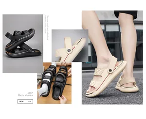 Gedetailleerd overzicht van heren EVA-sandalen in zwart en beige met zachte zool.