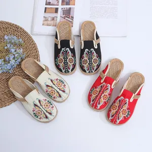 Handmade woven ethnic embroidered slippers for women in black, white, and red colors