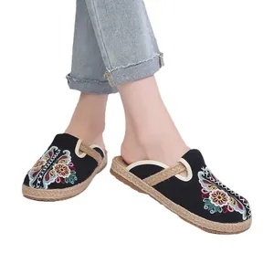 Ethnic style black embroidered slippers for women with handmade braided hemp soles