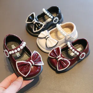 Elegante Baby Mädchen Mary Jane Schuhe mit Schleife und Perlenarmband Prinzessinnen Schuhe