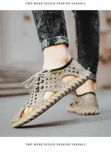 Nahaufnahme von atmungsaktiven Herren-Sandalen mit Schnürung und Lochmuster-Design.