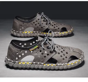 Premium graue retro atmungsaktive Leder-Sandalen für Herren mit stilvollem Schnür-Design