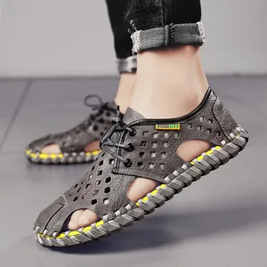 Herren Geschlossene Sandalen Mikrofaser Leder Atmungsaktiv Ausschnitt Retro Outdoor Strand Schuhe Schnürung Mode Casual Sneakers